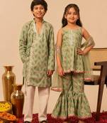 Sage green & mint green printed cotton sharara set & kurta pant brother sister matching combo