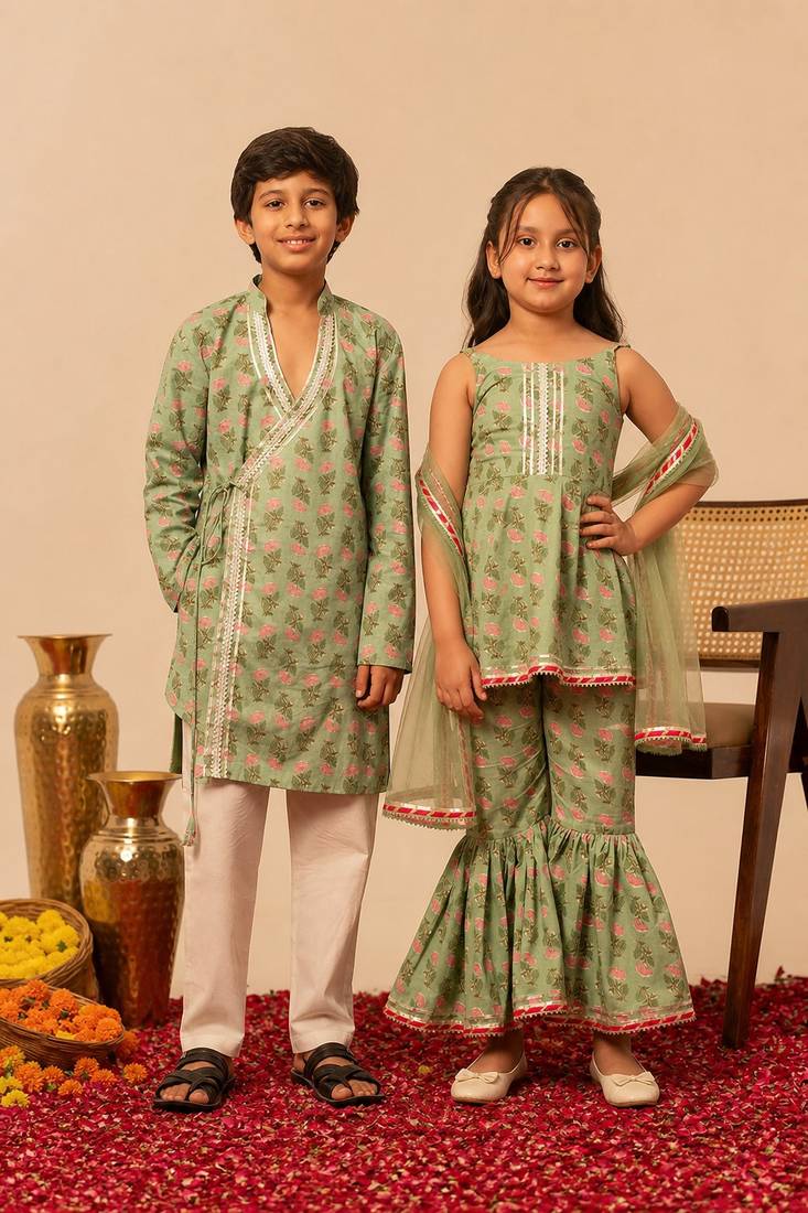 Sage green & mint green printed cotton sharara set & kurta pant brother sister matching combo