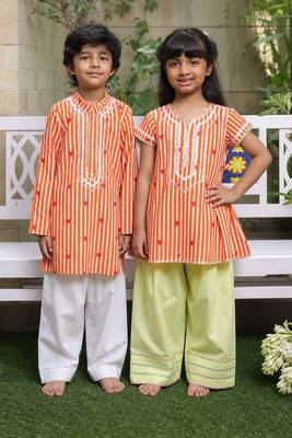 Bright orange embroidered cotton kurta salwar set & kurta pant brother sister matching combo 1