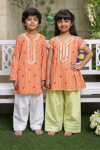 Bright orange embroidered cotton kurta salwar set & kurta pant brother sister matching combo