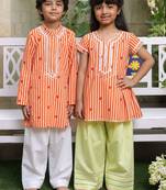 Bright orange embroidered cotton kurta salwar set & kurta pant brother sister matching combo