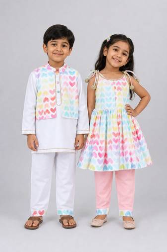 Multicolor & white printed cotton silk kurta set & kurta pyjama brother sister matching combo