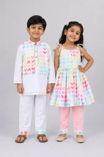 Multicolor & white printed cotton silk kurta set & kurta pyjama brother sister matching combo