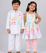 Multicolor & white printed cotton silk kurta set & kurta pyjama brother sister matching combo