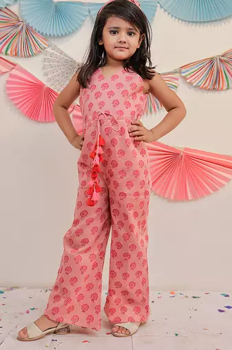 Pink printed cotton dress & shirt brother sister matching combo