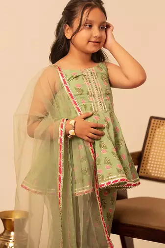 Sage green & mint green printed cotton sharara set & kurta pant brother sister matching combo