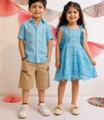 Sky blue printed cotton dress & shirt brother sister matching combo