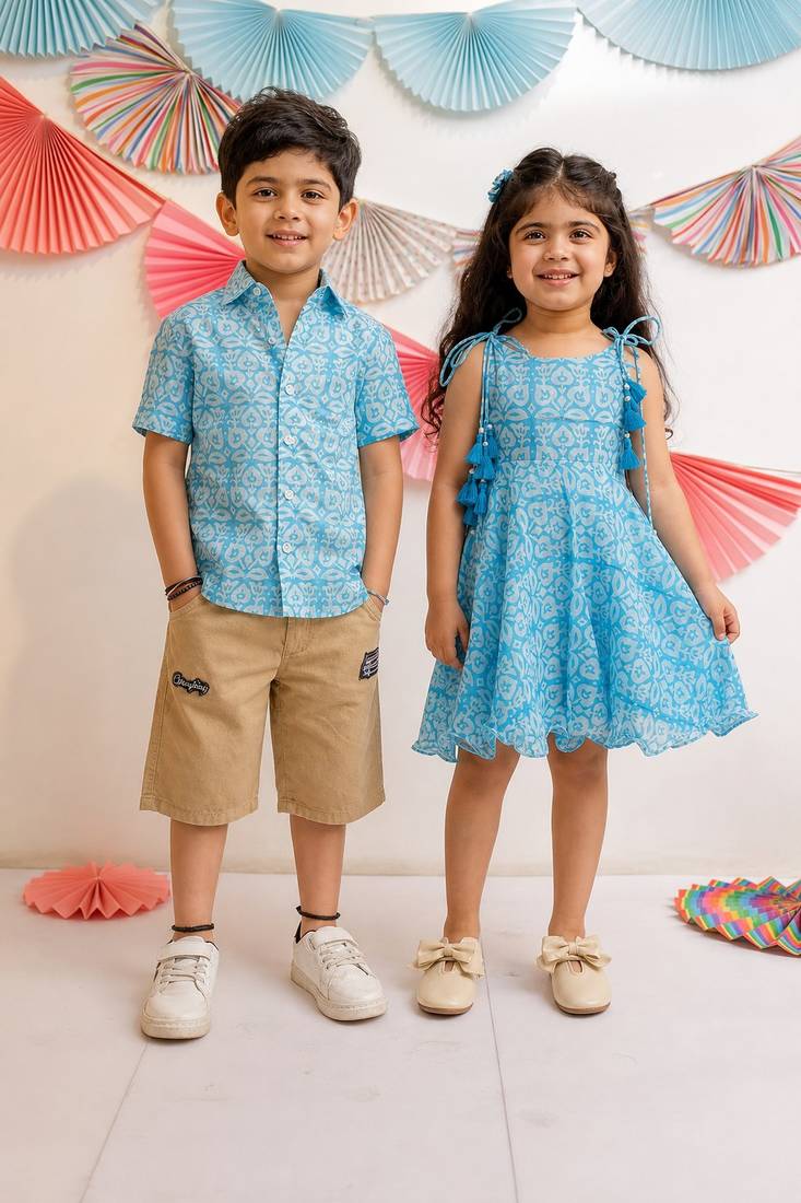 Sky blue printed cotton dress & shirt brother sister matching combo