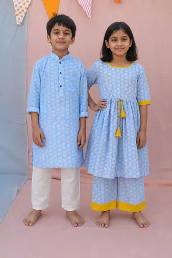 Blue & powder blue woven cotton kurta set & kurta pyjama brother sister matching combo