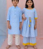 Blue & powder blue woven cotton kurta set & kurta pyjama brother sister matching combo