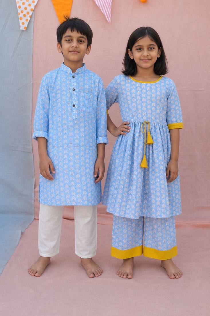 Blue & powder blue woven cotton kurta set & kurta pyjama brother sister matching combo