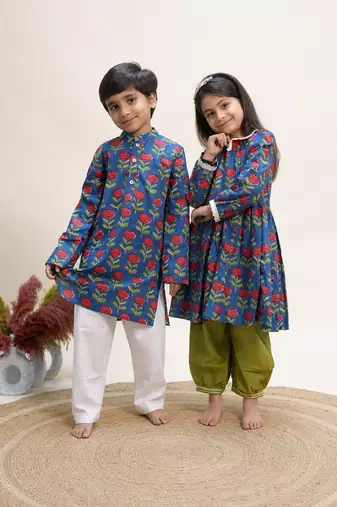 Blue printed cotton full sleeve kurta set & kurta pant brother sister matching combo