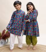 Blue printed cotton full sleeve kurta set & kurta pant brother sister matching combo