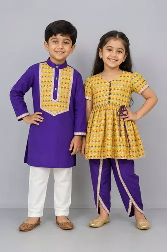Yellow & blue printed silk dhoti kurta set & kurta pyjama brother sister matching combo