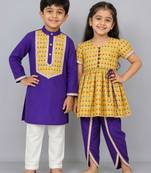 Yellow & blue printed silk dhoti kurta set & kurta pyjama brother sister matching combo