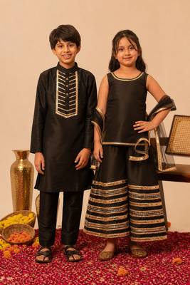 Black gota embroidered cotton silk sharara set & kurta pant brother sister matching combo 1