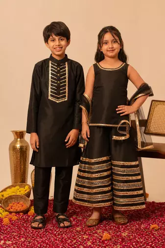 Black gota embroidered cotton silk sharara set & kurta pant brother sister matching combo