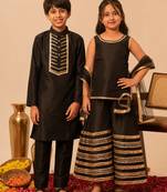 Black gota embroidered cotton silk sharara set & kurta pant brother sister matching combo