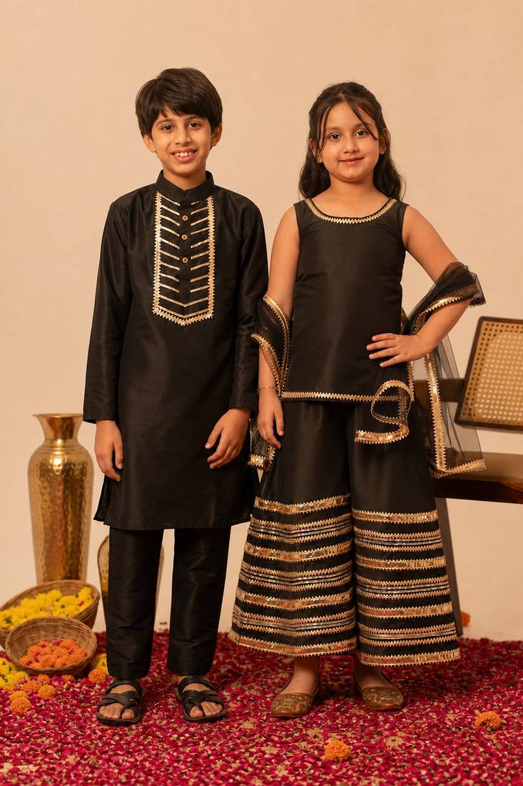 Black gota embroidered cotton silk sharara set & kurta pant brother sister matching combo
