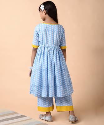 Blue & powder blue woven cotton kurta set & kurta pyjama brother sister matching combo 2