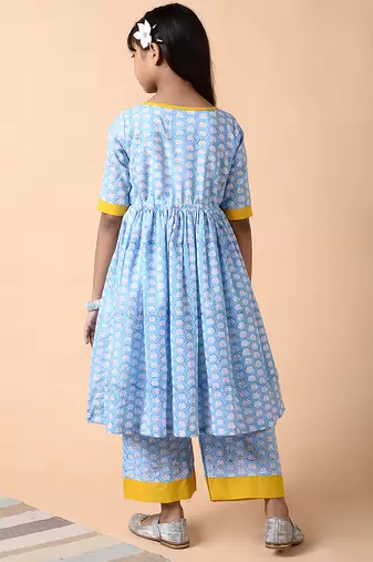 Blue & powder blue woven cotton kurta set & kurta pyjama brother sister matching combo