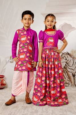 Purple & red sequinned & solid muslin lehenga choli & dhoti kurta brother sister matching combo 1