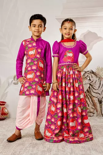 Purple & red sequinned & solid muslin lehenga choli & dhoti kurta brother sister matching combo