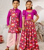 Purple & red sequinned & solid muslin lehenga choli & dhoti kurta brother sister matching combo