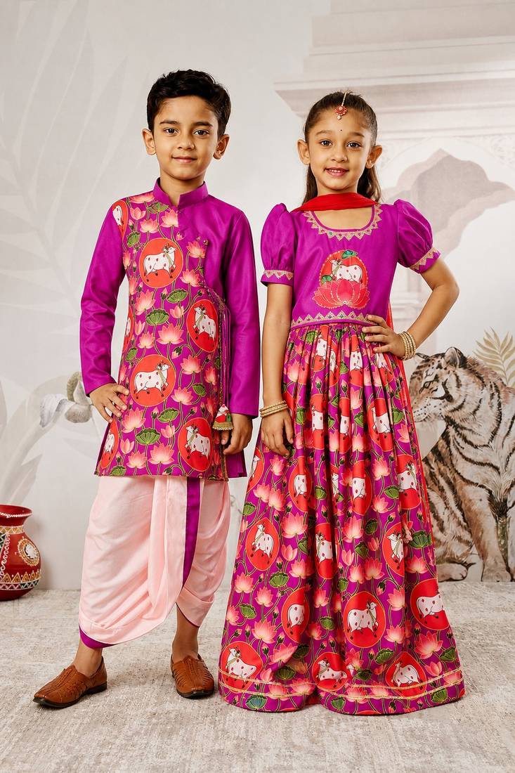 Purple & red sequinned & solid muslin lehenga choli & dhoti kurta brother sister matching combo