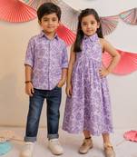 Purple printed cotton frock & shirt brother sister matching combo