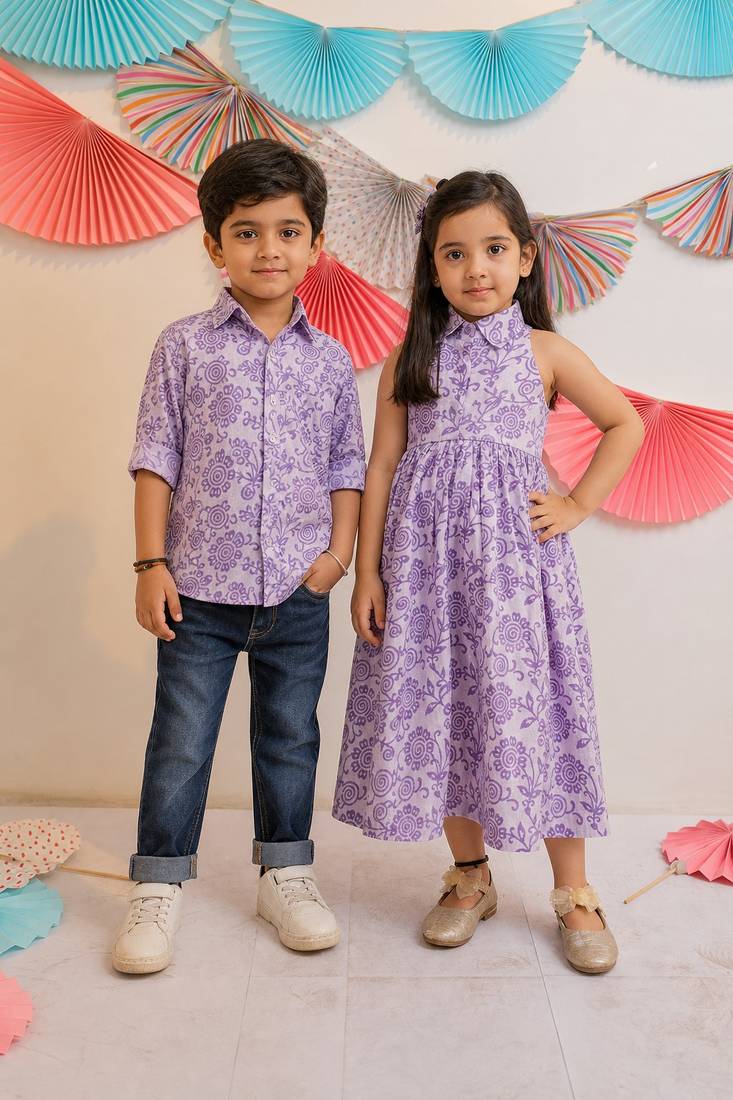 Purple printed cotton frock & shirt brother sister matching combo
