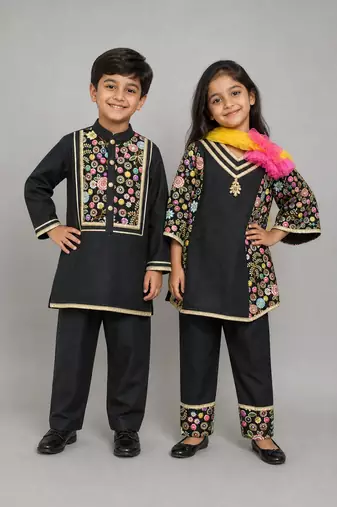 Black embroidered cotton silk kurta set & kurta pyjama brother sister matching combo