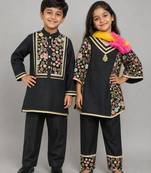 Black embroidered cotton silk kurta set & kurta pyjama brother sister matching combo