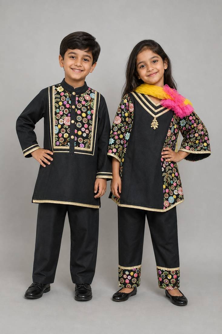 Black embroidered cotton silk kurta set & kurta pyjama brother sister matching combo