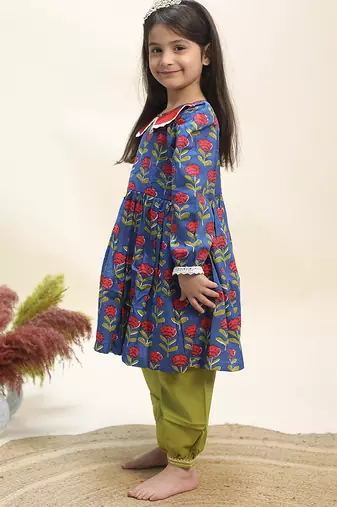 Blue printed cotton full sleeve kurta set & kurta pant brother sister matching combo