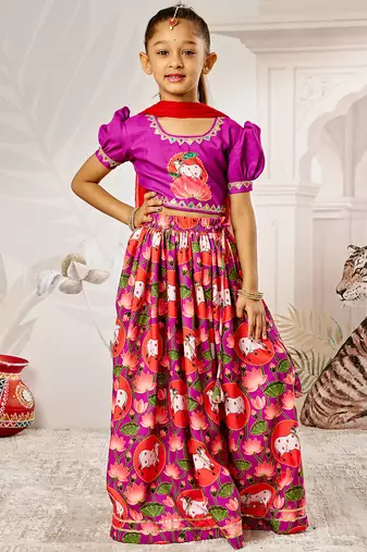 Purple & red sequinned & solid muslin lehenga choli & dhoti kurta brother sister matching combo