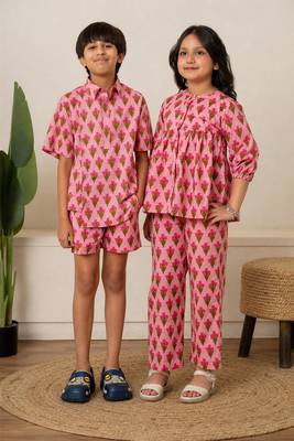 Baby pink & pastel pink printed cotton co-ord set brother sister matching combo 1