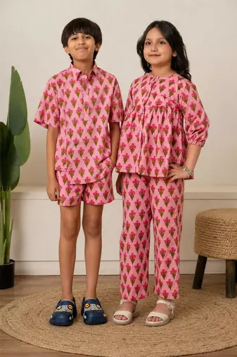 Baby pink & pastel pink printed cotton co-ord set brother sister matching combo