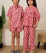 Baby pink & pastel pink printed cotton co-ord set brother sister matching combo
