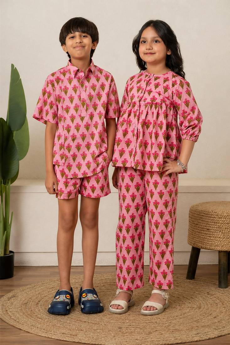 Baby pink & pastel pink printed cotton co-ord set brother sister matching combo