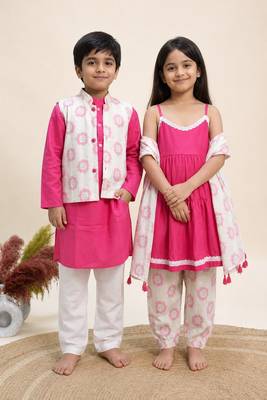 Pink printed cotton kurta set & kurta jacket brother sister matching combo 1