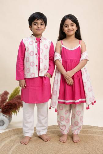 Pink printed cotton kurta set & kurta jacket brother sister matching combo
