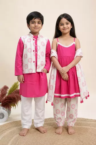 Pink printed cotton kurta set & kurta jacket brother sister matching combo