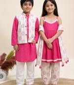 Pink printed cotton kurta set & kurta jacket brother sister matching combo