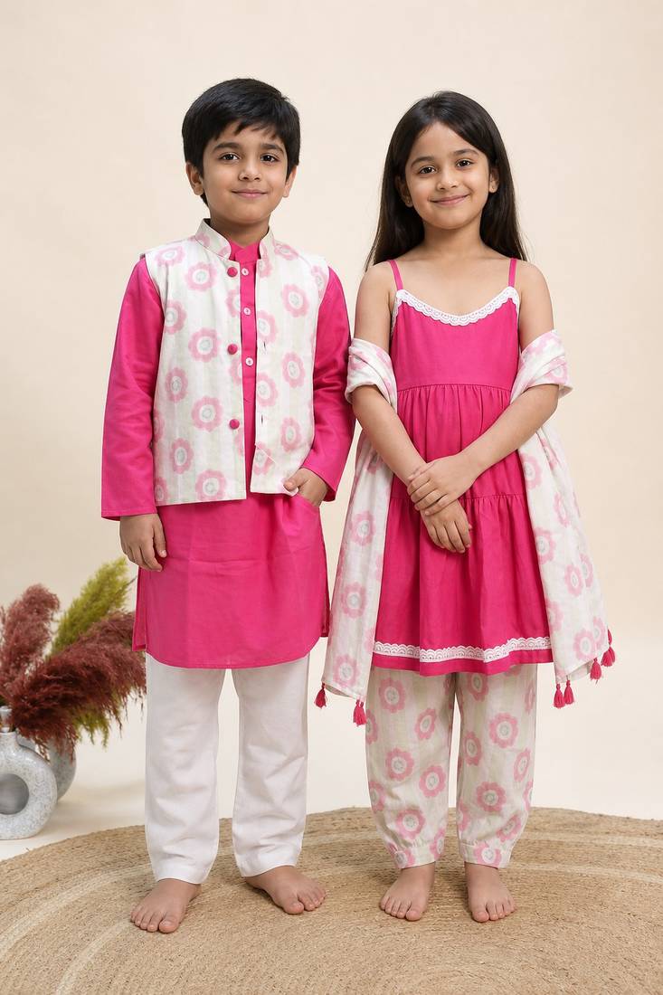 Pink printed cotton kurta set & kurta jacket brother sister matching combo