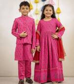 Pink block printed chanderi anarkali set & kurta jacket brother sister matching combo