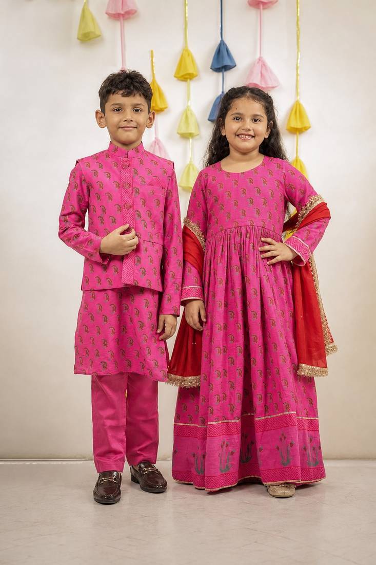 Pink block printed chanderi anarkali set & kurta jacket brother sister matching combo