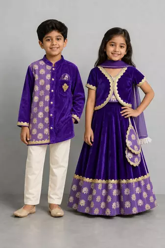 Purple embroidered velvet lehenga choli & kurta pyjama brother sister matching combo