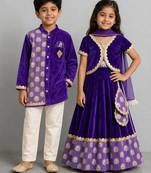 Purple embroidered velvet lehenga choli & kurta pyjama brother sister matching combo