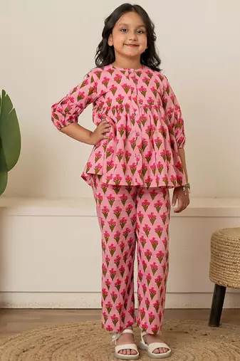 Baby pink & pastel pink printed cotton co-ord set brother sister matching combo